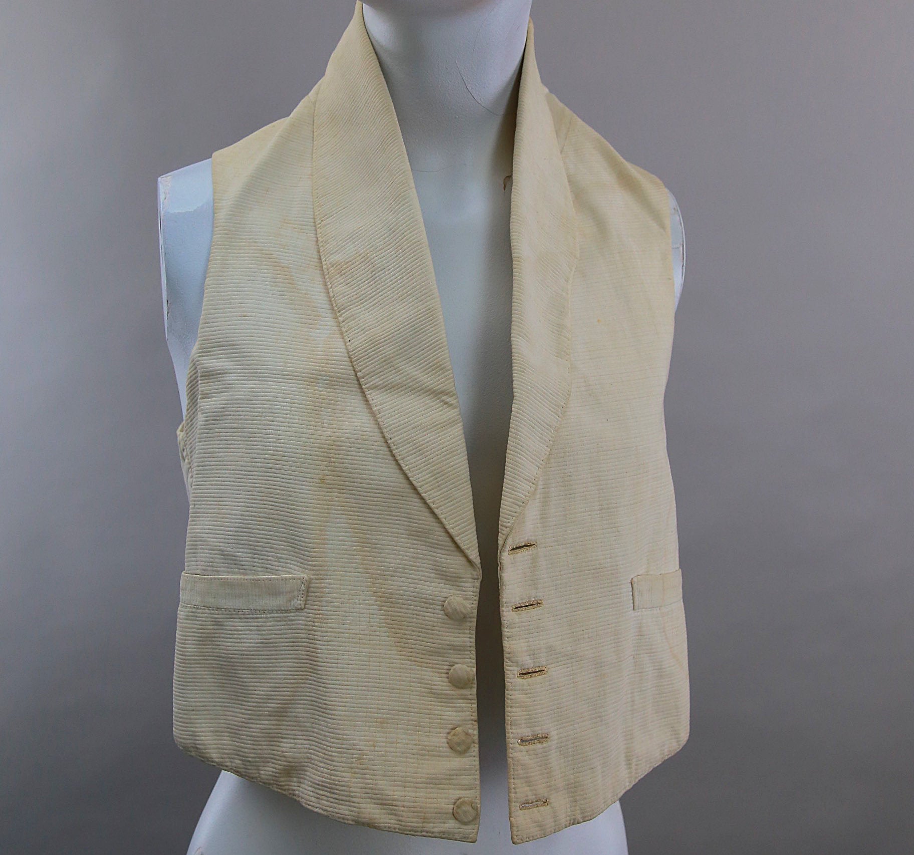Early 19C Antique mens waistcoat C 1820 white ribbed cotton XS