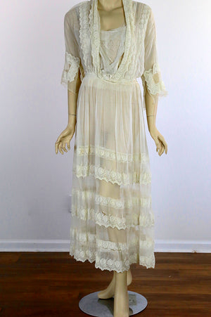 Antique Edwardian lace tea gown tiered with fancy lace and net