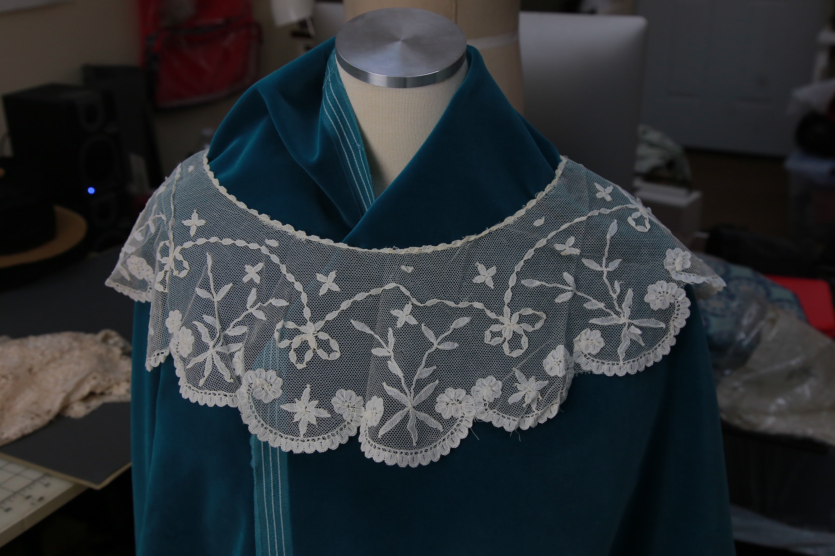 Antique Brussels lace Bertha collar on net vintage Victorian era
