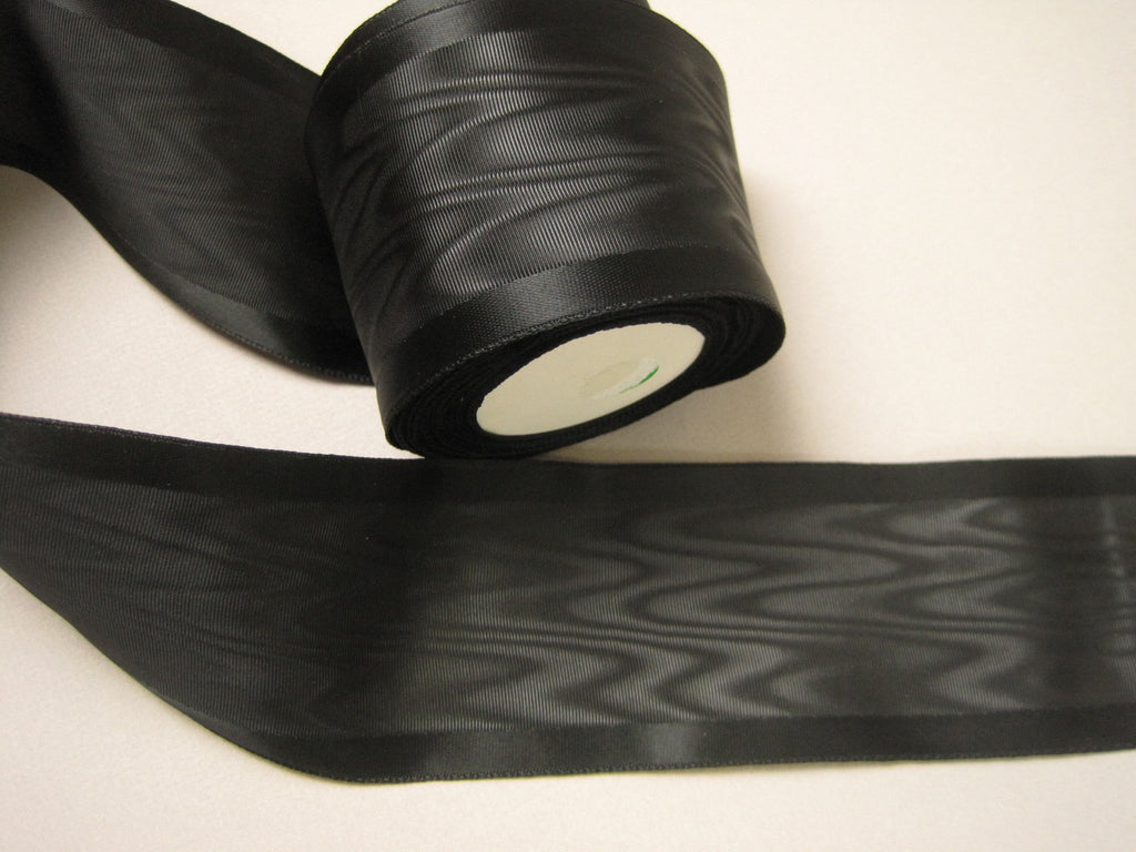 Wide black satin moire ribbon Vintage 40s Swiss made 3 inch width