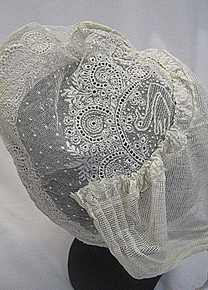 Antique lace day cap hat embroidered net Victorian era