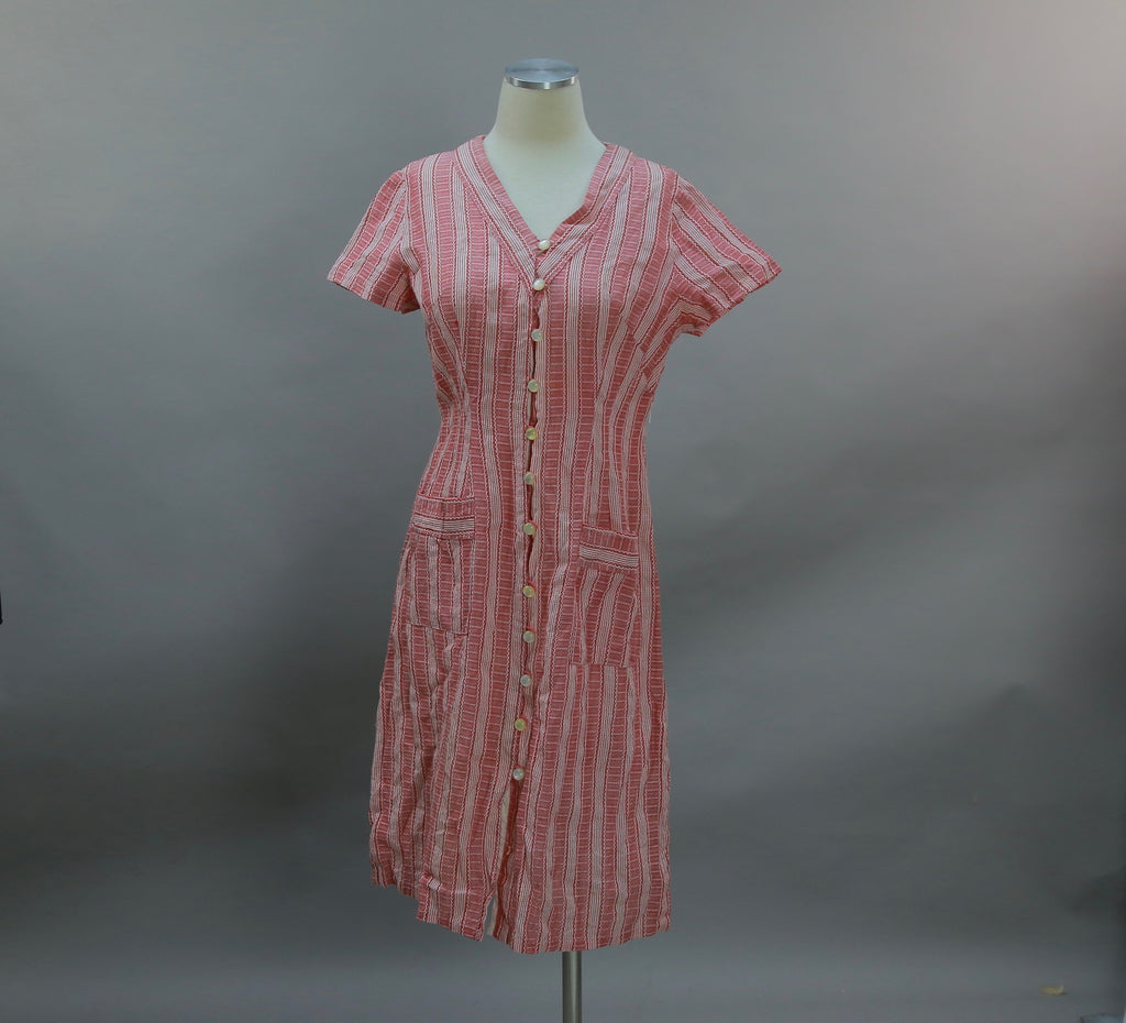 Vintage 30s cotton striped house dress frock red white button up day dress