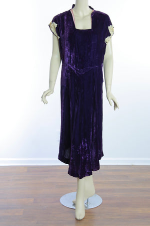 Vintage 30s deco purple silk velvet and lace party dress