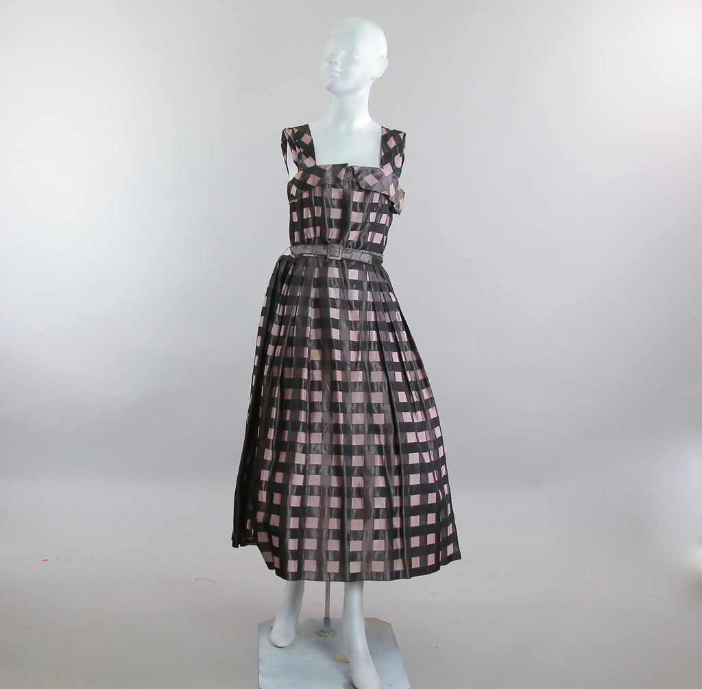 Vintage 50s 60s belted plaid pink black dress sundress swing dance rockabilly