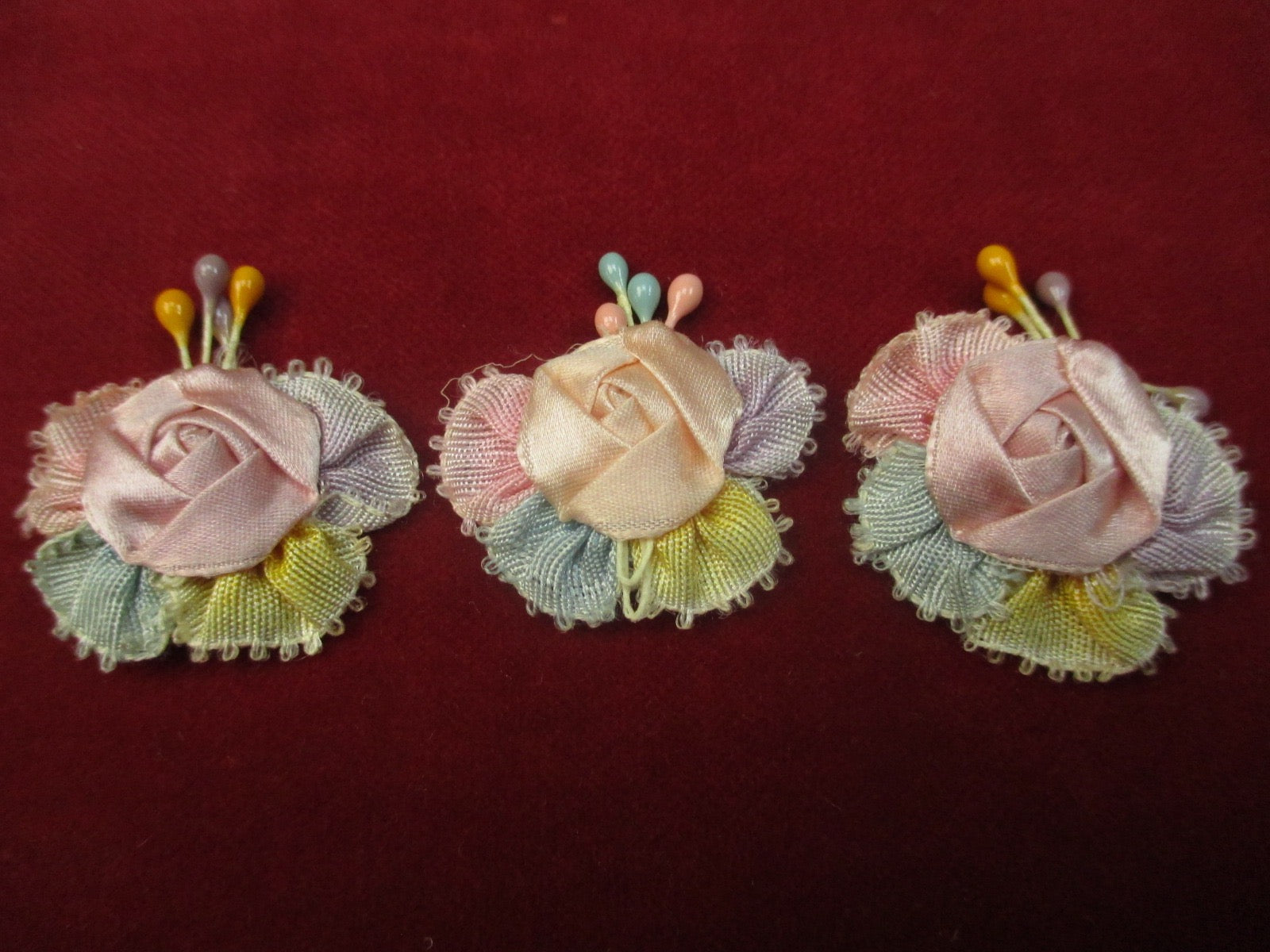 Antique Victorian silk ribbon rose ribbon art rosettes 3 pc
