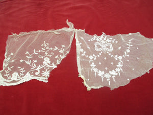 Antique Victorian embroidered net lace remnants 2 pc
