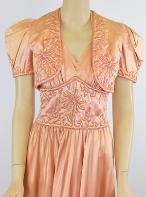 Vintage 40s glam rayon satin nightgown and bed jacket w trapunto embroidery