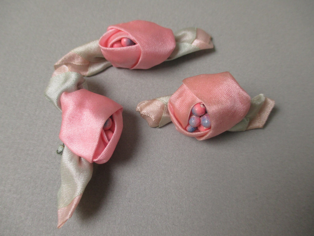 Antique Victorian Silk Ribbon Rose ribbon art set of 3