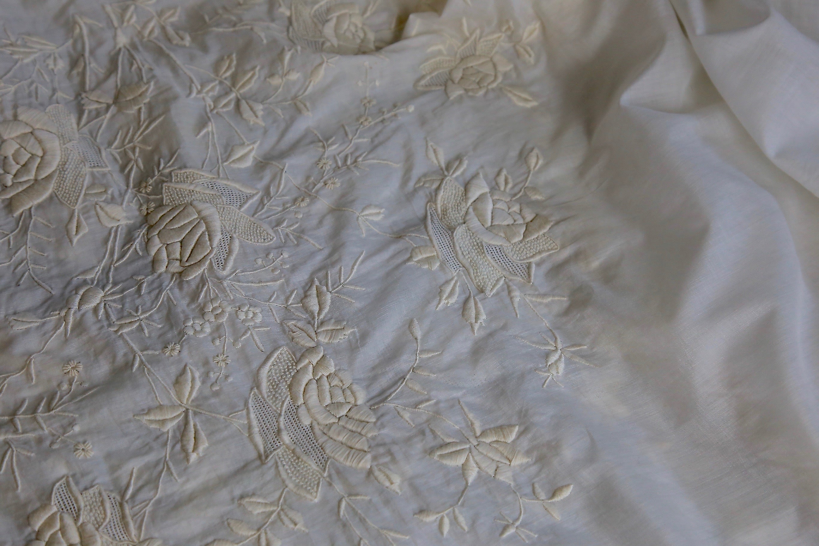 Antique Victorian 1890s sheer cotton lawn floral embroidered tea gown fabric 5 yards