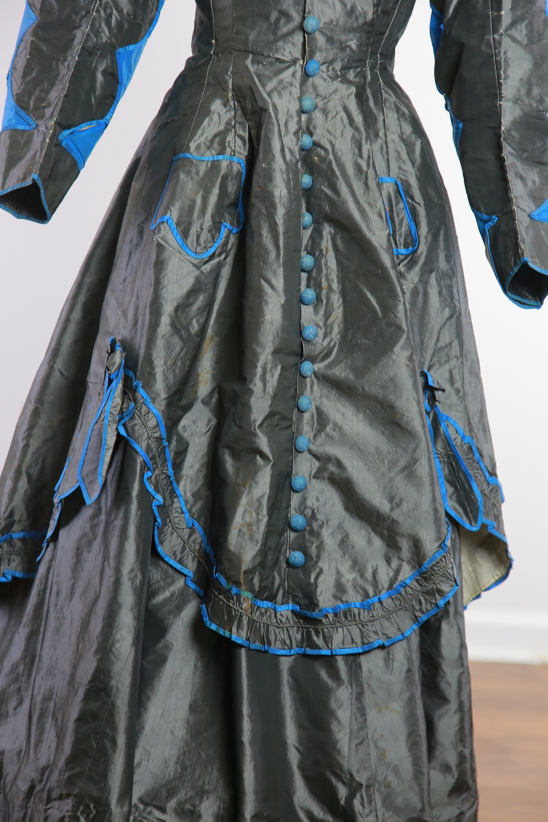 Antique Victorian 1869 early metallic silk polonaise dress
