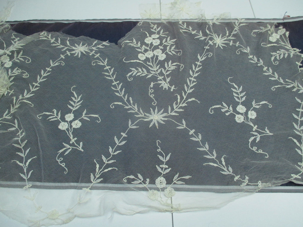 Antique Victorian Embroidered net lace remnant
