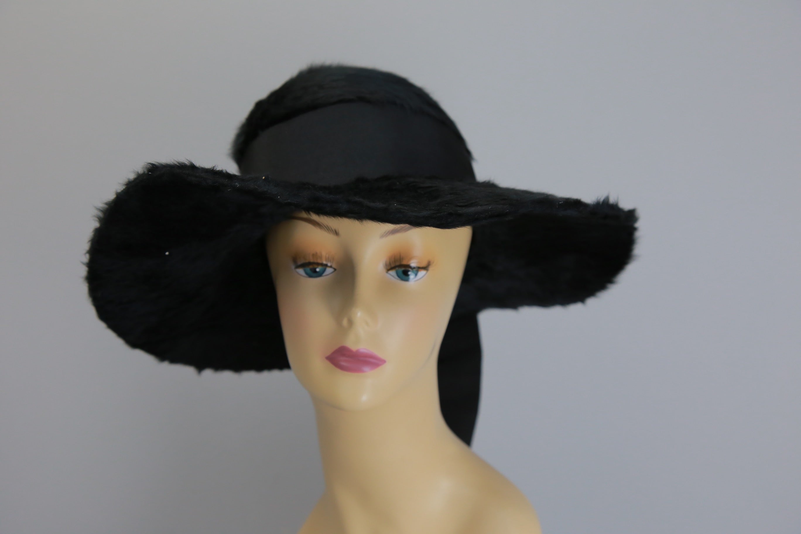 Antique Edwardian large black long mohair fur hat wide brim