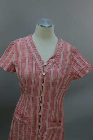 Vintage 30s cotton striped house dress frock red white button up day dress