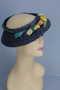 Vintage 40s navy straw tilt hat floral trim
