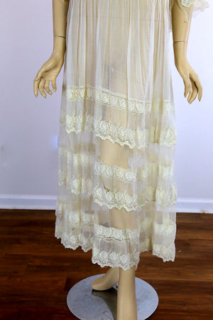Antique Edwardian lace tea gown tiered with fancy lace and net