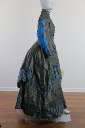 Antique Victorian 1869 early metallic silk polonaise dress