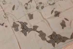 Antique silk bed cover exquisite lace trim and cutaways + floral embroidery