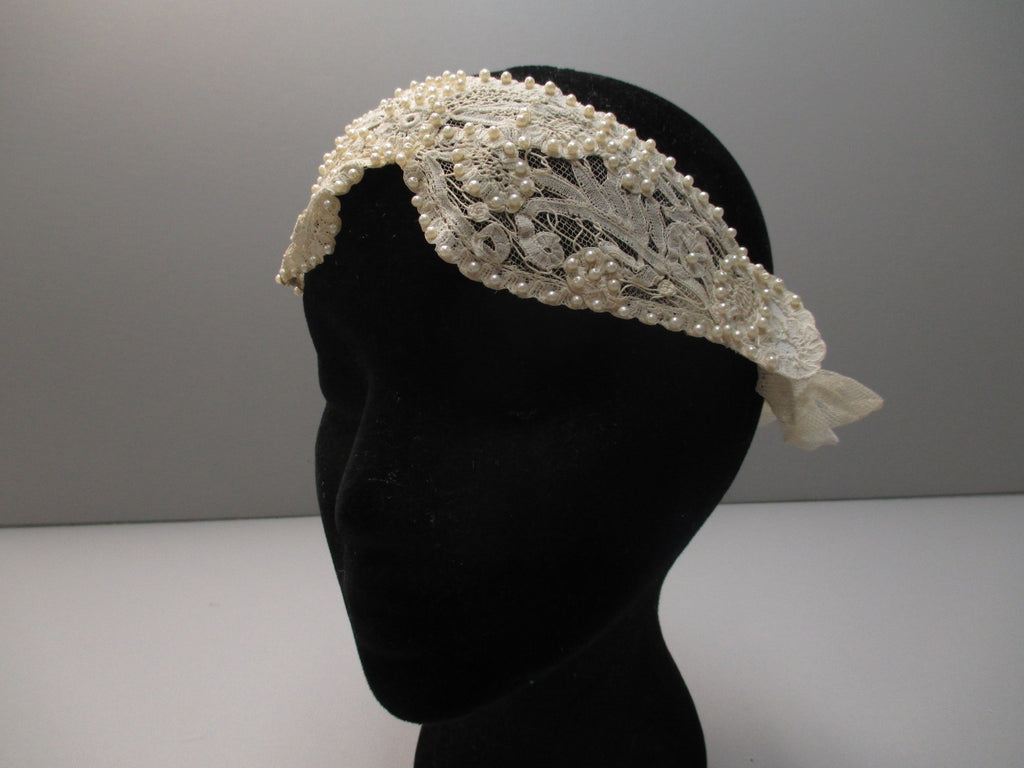 Vintage 20s bridal headpiece antique Brussels lace beaded