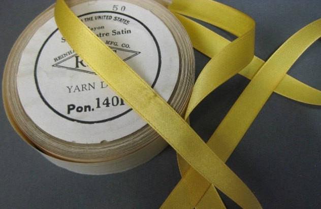 Vintage narrow yellow ribbon satin 1930s silk rayon 1/2 in