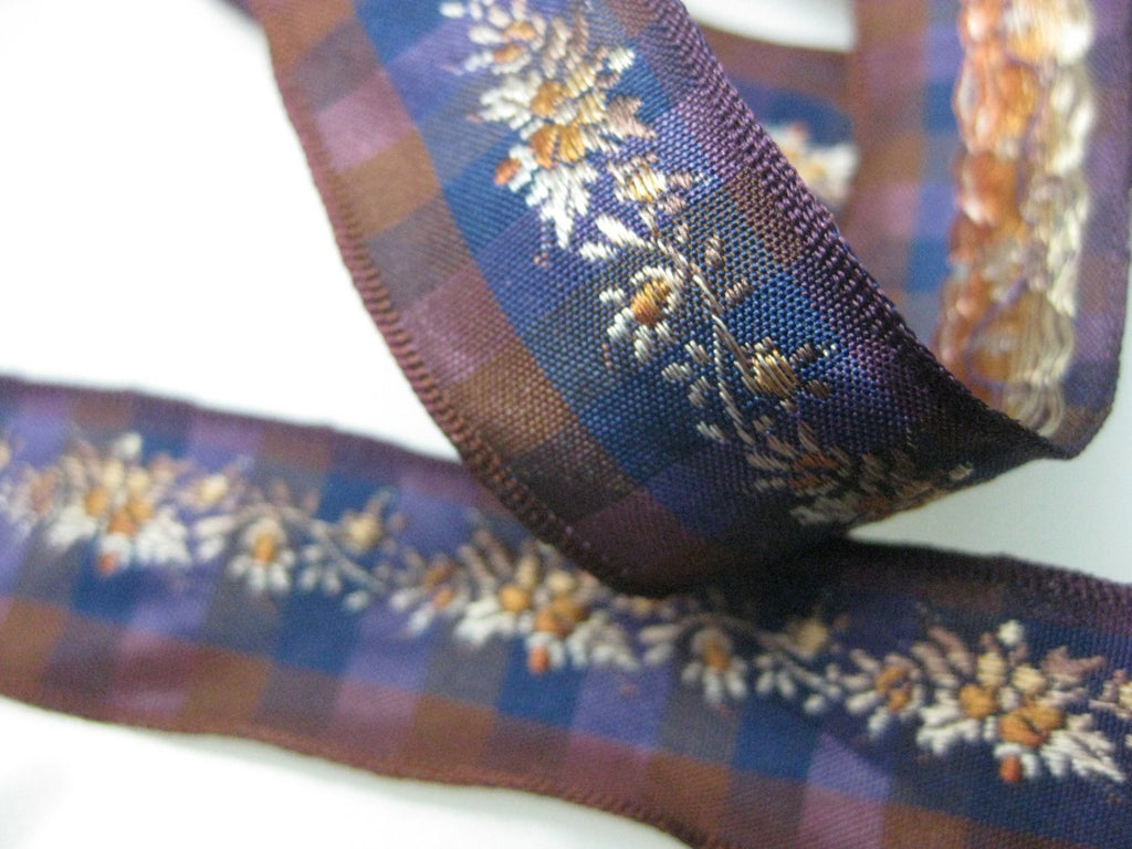 French Embroidered Blue copper plaid ribbon floral millinery hat fabric 7/8 inch W