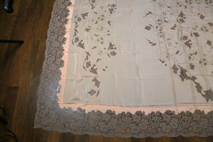 Antique silk bed cover exquisite lace trim and cutaways + floral embroidery
