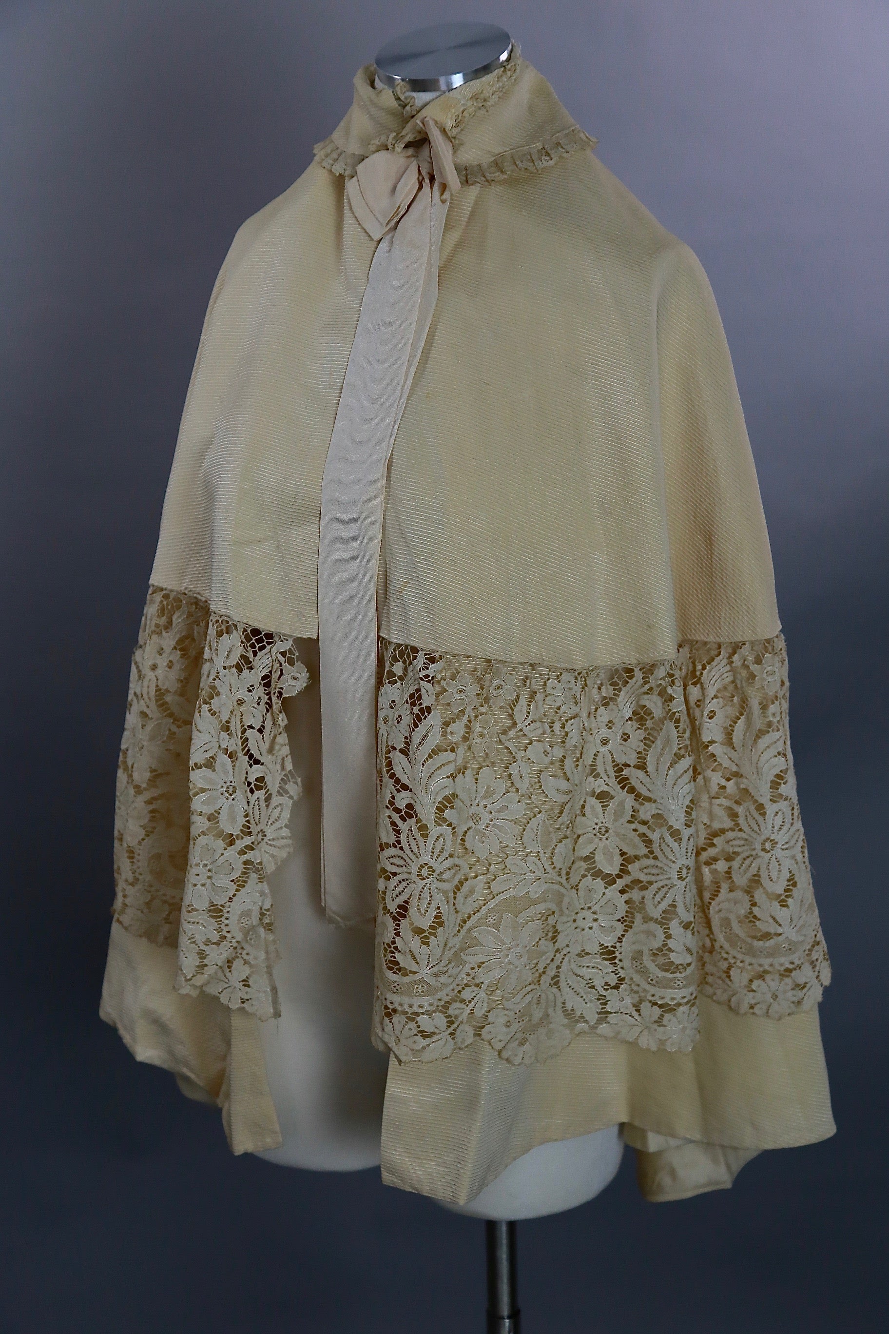 Antique Victorian cape ivory silk with lace trim Civil War era