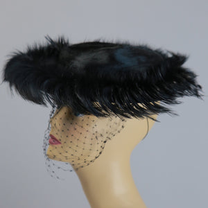 Vintage 40s beaver fur feather tilt hat with face net