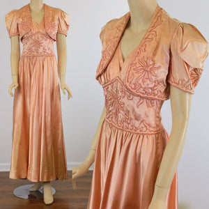 Vintage 40s glam rayon satin nightgown and bed jacket w trapunto embroidery