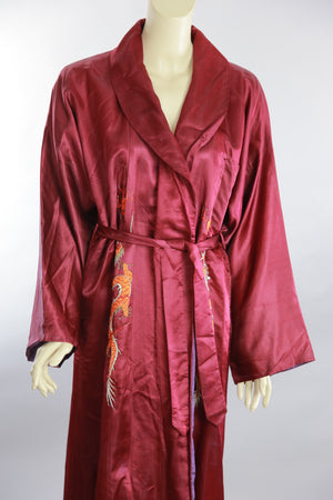 Vintage Asian silk kimono robe dragon embroidery dark red silk w gold metallic