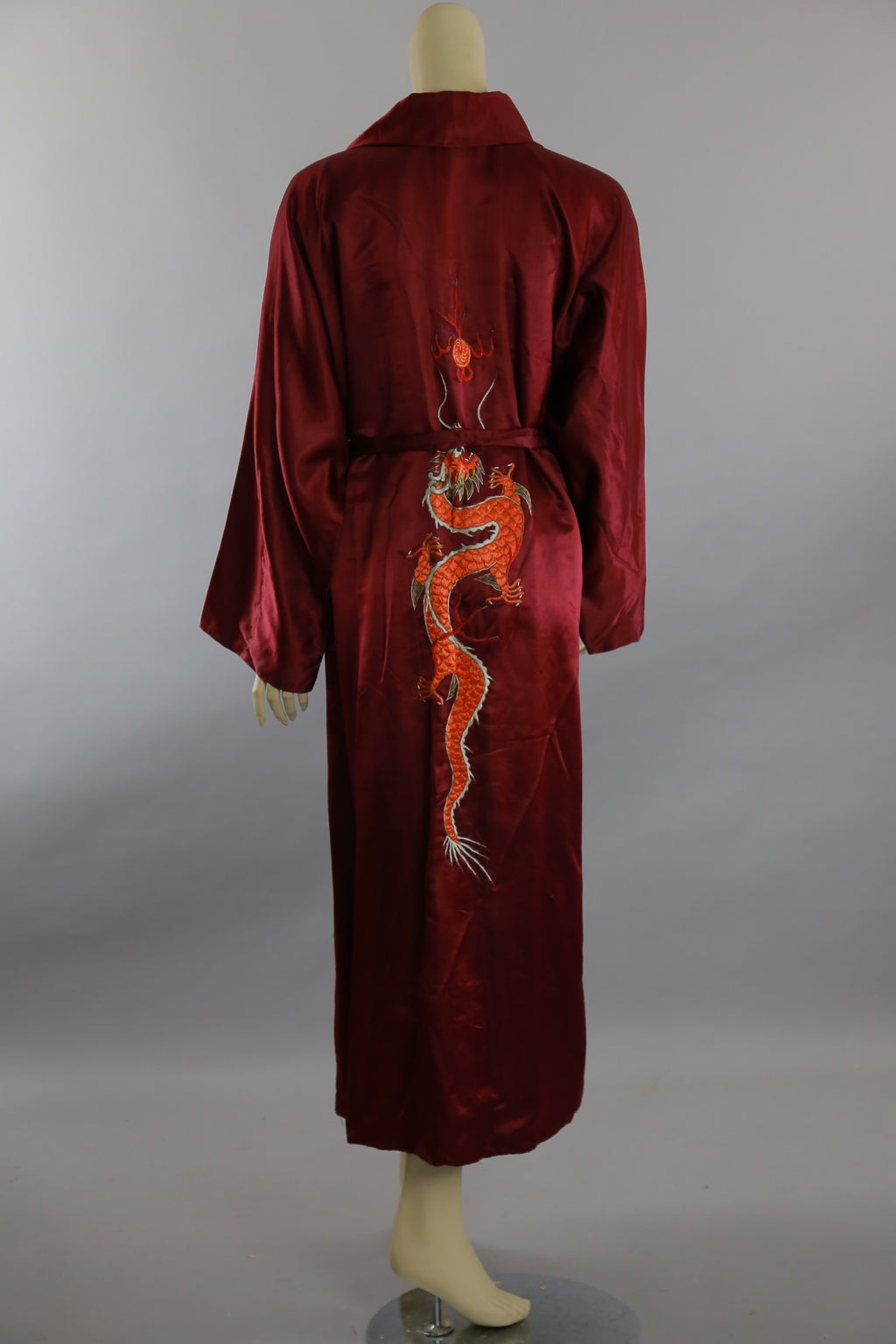 Vintage Asian silk kimono robe dragon embroidery dark red silk w gold metallic