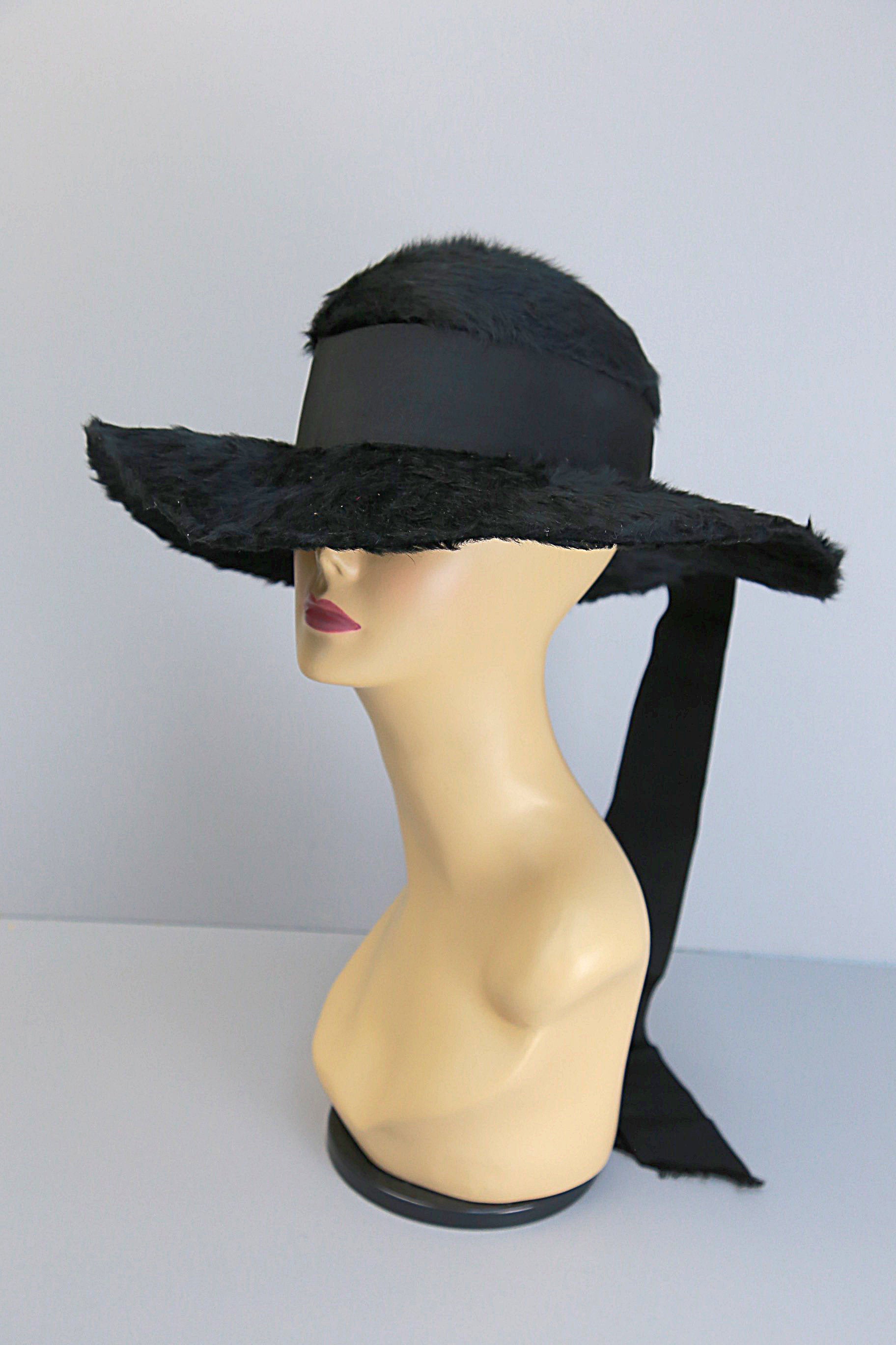 Antique Edwardian large black long mohair fur hat wide brim