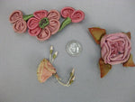 Antique Victorian large ombre ribbon flowers roses ribbon work 3 pieces