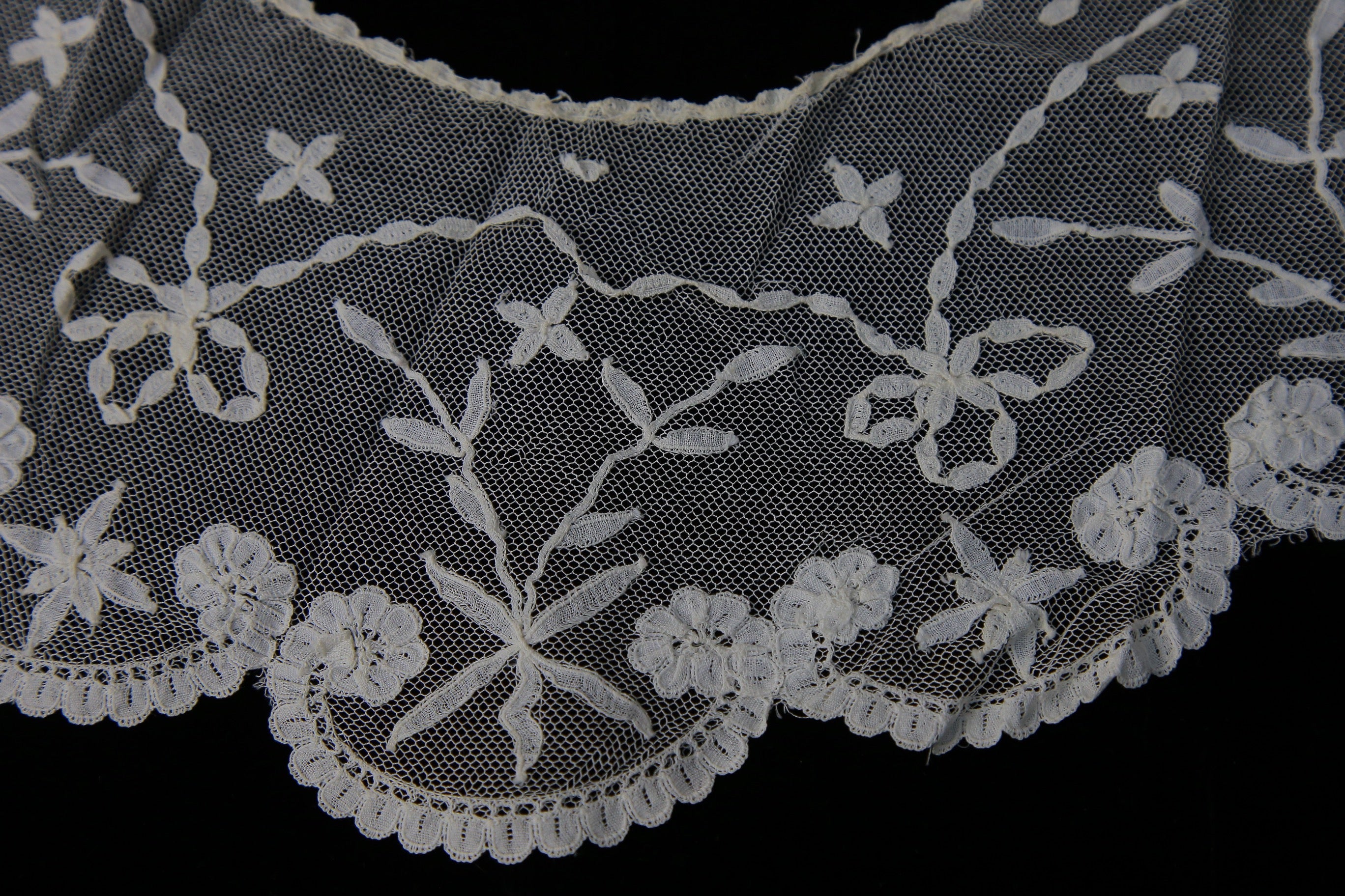 Antique Brussels lace Bertha collar on net vintage Victorian era