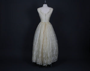 Vintage 60s sheer bridal embroidered silk boho wedding dress open back cream M